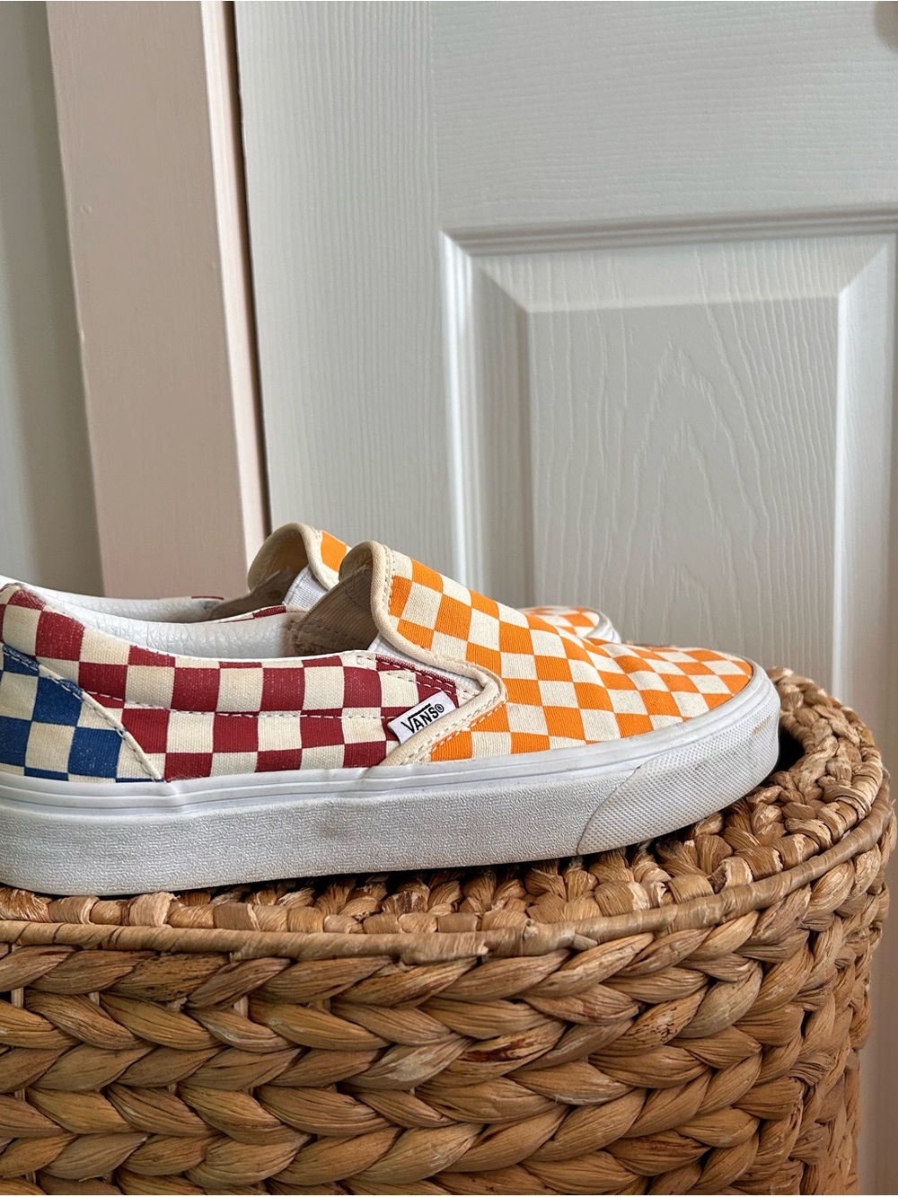 Vans Womens Slip-On Checkerboard Sneakers in yellow, Red, Blue
